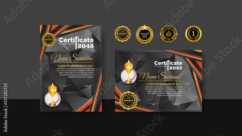 Baseball Certificate Design With Gold Cup Set Vector. baseball. Sports Award Template. Achievement Design. Graduation. Winner document. Winner's Cup