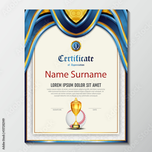 Baseball Certificate Design With Gold Cup Set Vector. baseball. Sports Award Template. Achievement Design. Graduation. Winner document. Winner's Cup