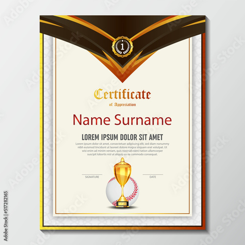 Baseball Certificate Design With Gold Cup Set Vector. baseball. Sports Award Template. Achievement Design. Graduation. Winner document. Winner's Cup