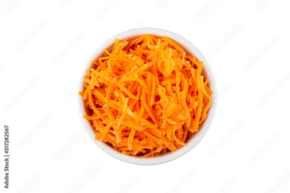 Grated carrot isolated on white background.