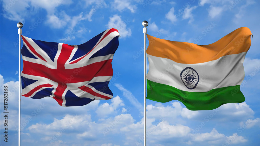 UK And India Flags Waving 3D Render Against The Sky Background Stock uk-and-india-flags-waving-3d-render-against-the-sky-background-stock