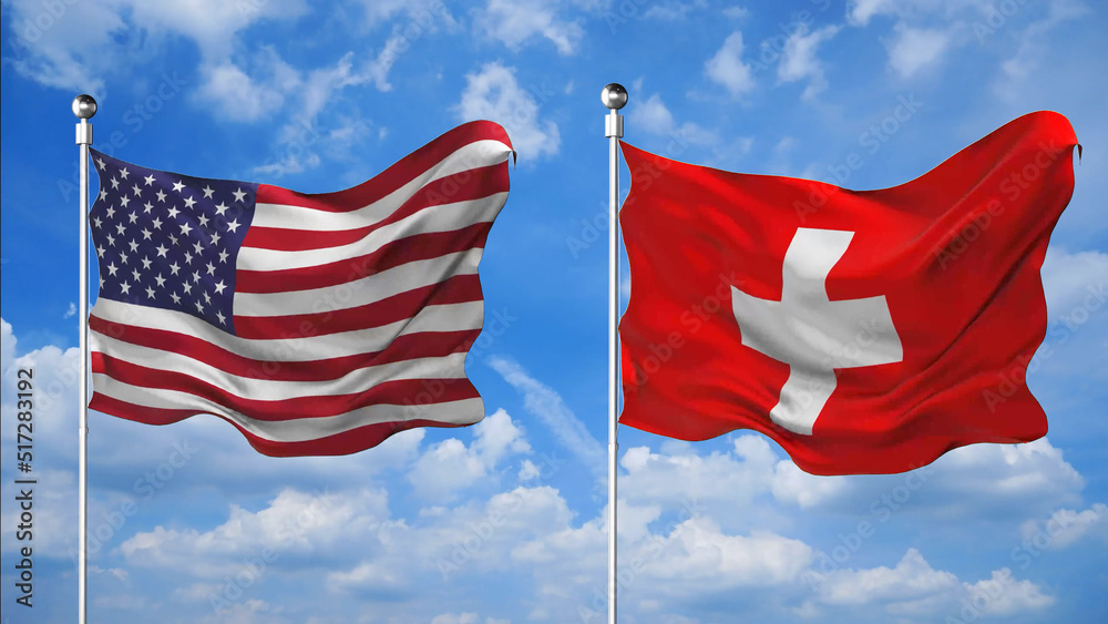 USA and Switzerland flags waving 3D Render against the sky background Stock Illustration Adobe