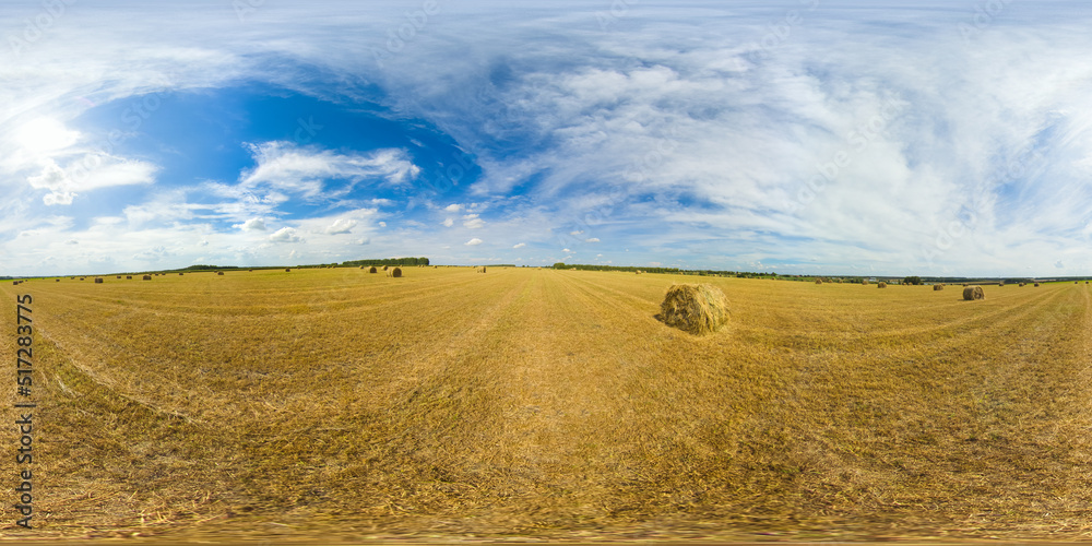 Rolls of haystacks on the field after harvest. Large wheaten field with cylindrical haystacks in summer day. 360VR.