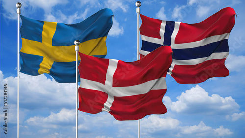 Sweden, Norway and Denmark flags waving 3D Render against the sky background