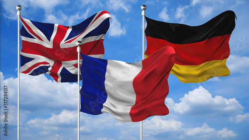 UK, Germany and France flags waving 3D Render against the sky background
