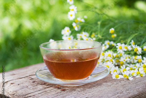 glass cup of  hot tea with chamomile flowers on the wooden table in summer garden