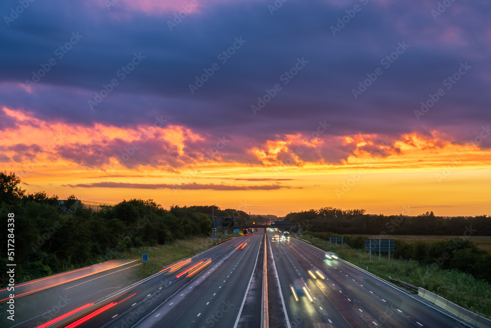 M1 motorway at sunset in England. United Kingdom
