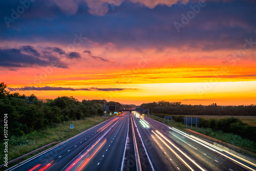 M1 motorway at sunset in England. United Kingdom