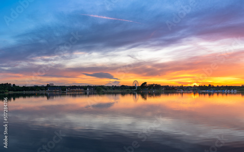Willen Lake south bay sunset panorama in Milton Keynes. England