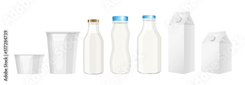 Set of glass and plastic bottles, cardboard boxes, jars and packaging for milk, yogurt, sour cream and dairy products without label on white banner background