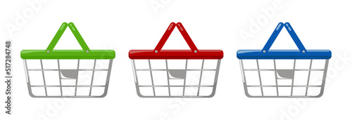 Red, green and red shopping basket for shopping with handles, plastic and steel, vector illustration on white background