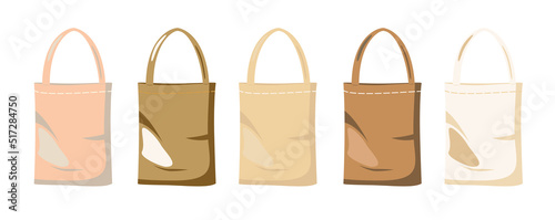Textile shopping eco bags set, reusable recyclable plastic free shopper, natural colors, vector Illustration on white background