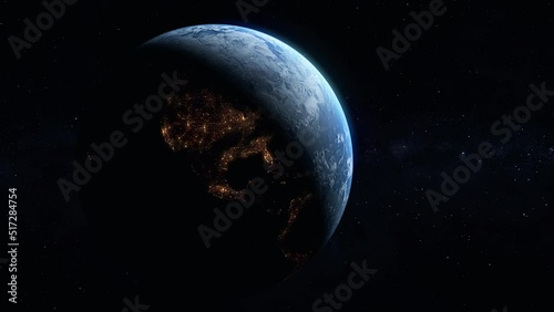 Photo realistic 3D earth in space. Sunrise view above America from space. Planet earth from space. [ProRes - UHD 4K]