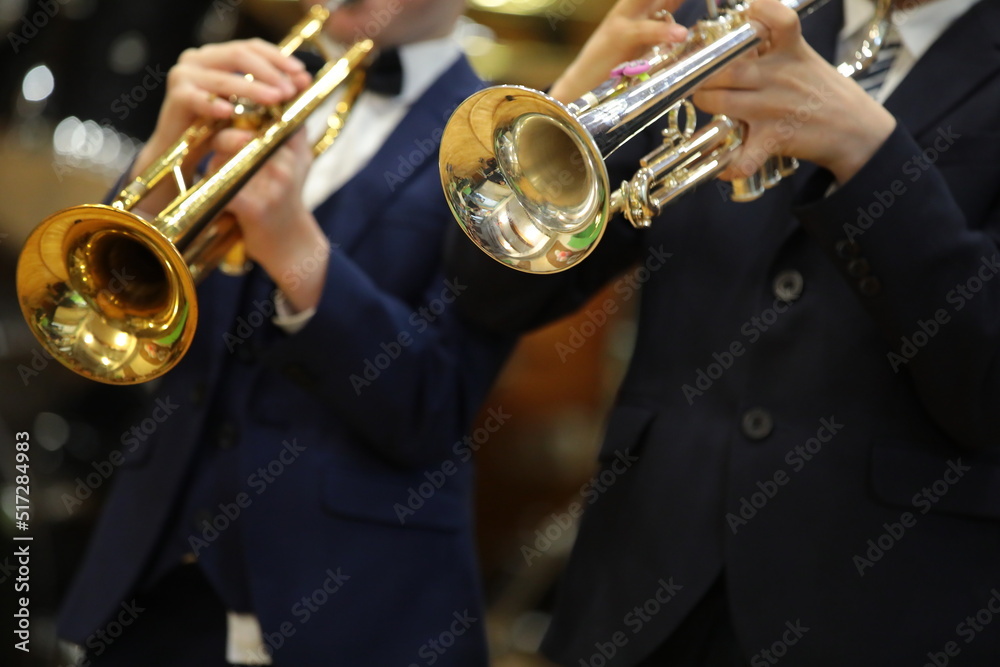 Obraz premium Musician playing the trumpet in the orchestra close-up selective focus