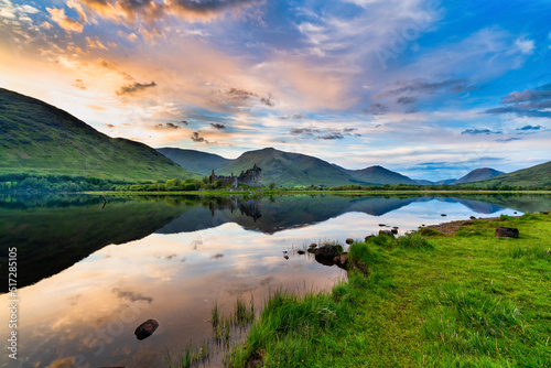 The ruins of Kilchurn castle at sunset on Loch Awe  the longest fresh water loch in Scotland