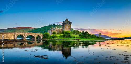 Eilean Donan Castle at sunset in Scotland