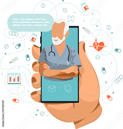 The doctor is on the phone Call a doctor Online doctor s consultation. Laboratory analyzes online View videos or video chat with the doctor Vector illustration