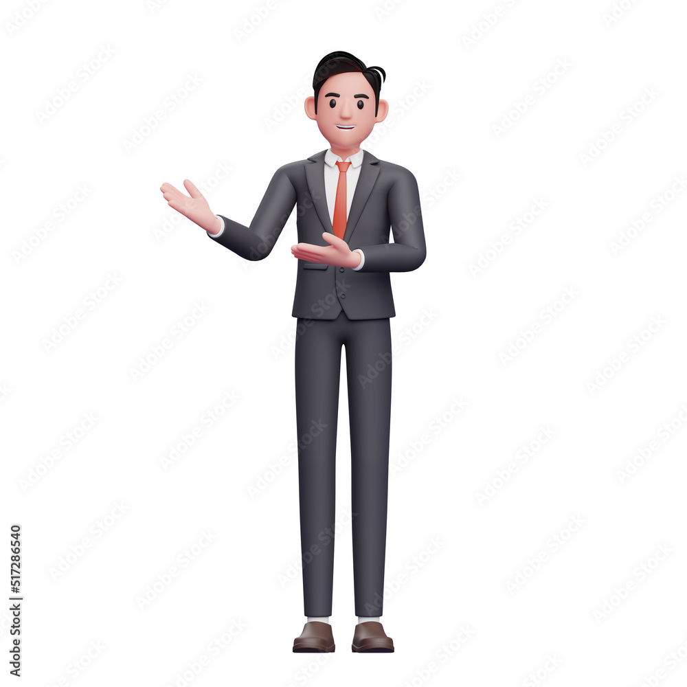businessman in formal suit showing with both hand, 3d render businessman character in formal suit businessman in formal suit showing with both hand, 3d render businessman character in formal suit