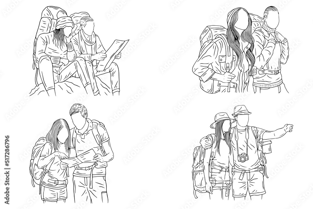 Set Bundle Couple Adventure Explore Trip Mountain Camping Romance Journey Sport Line Art Hand Drawn