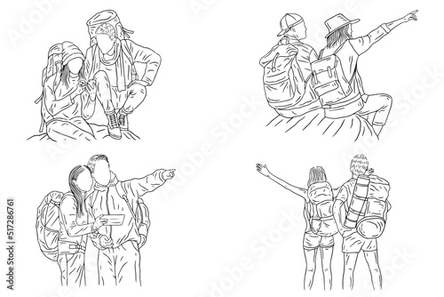 Set Bundle Couple Adventure Explore Trip Mountain Camping Romance Journey Sport Line Art Hand Drawn