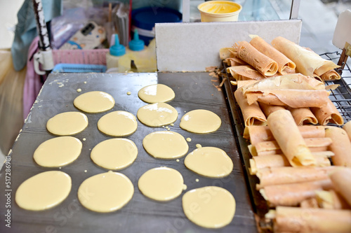 Photography Closeup of Thai Dessert (Tokyo sweets, Tokyo desserts, Khanom Tokyo) and Pancakes on stove for street food at Thailand
