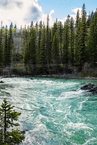 Kayak rapids set up near Canoe Meadows in Kananaskis Country near Banff National Park and Canmore Alberta in the Canadian Rocky Mountains.