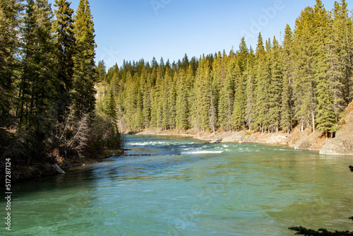 Kayak rapids set up near Canoe Meadows in Kananaskis Country near Banff National Park and Canmore Alberta in the Canadian Rocky Mountains.