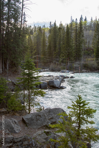 Kayak rapids set up near Canoe Meadows in Kananaskis Country near Banff National Park and Canmore Alberta in the Canadian Rocky Mountains.