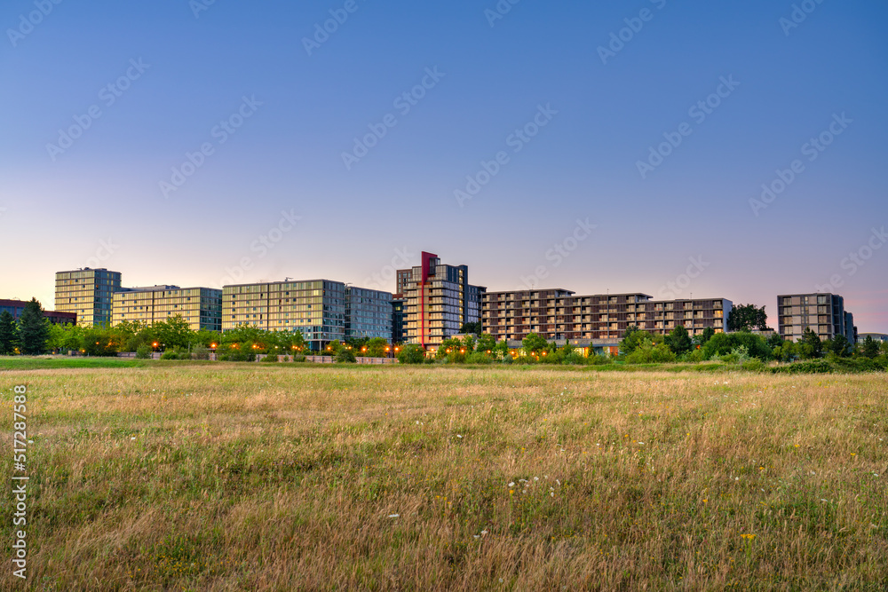 Milton Keynes city skyline view at sunset. England Milton Keynes city skyline view at sunset. England