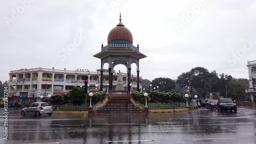 The Iconic Krishnaraja wodeyar Maharaja memorial circle in the Mysore cityscape on a rainy day during Monsoon in Karnataka, India. photo