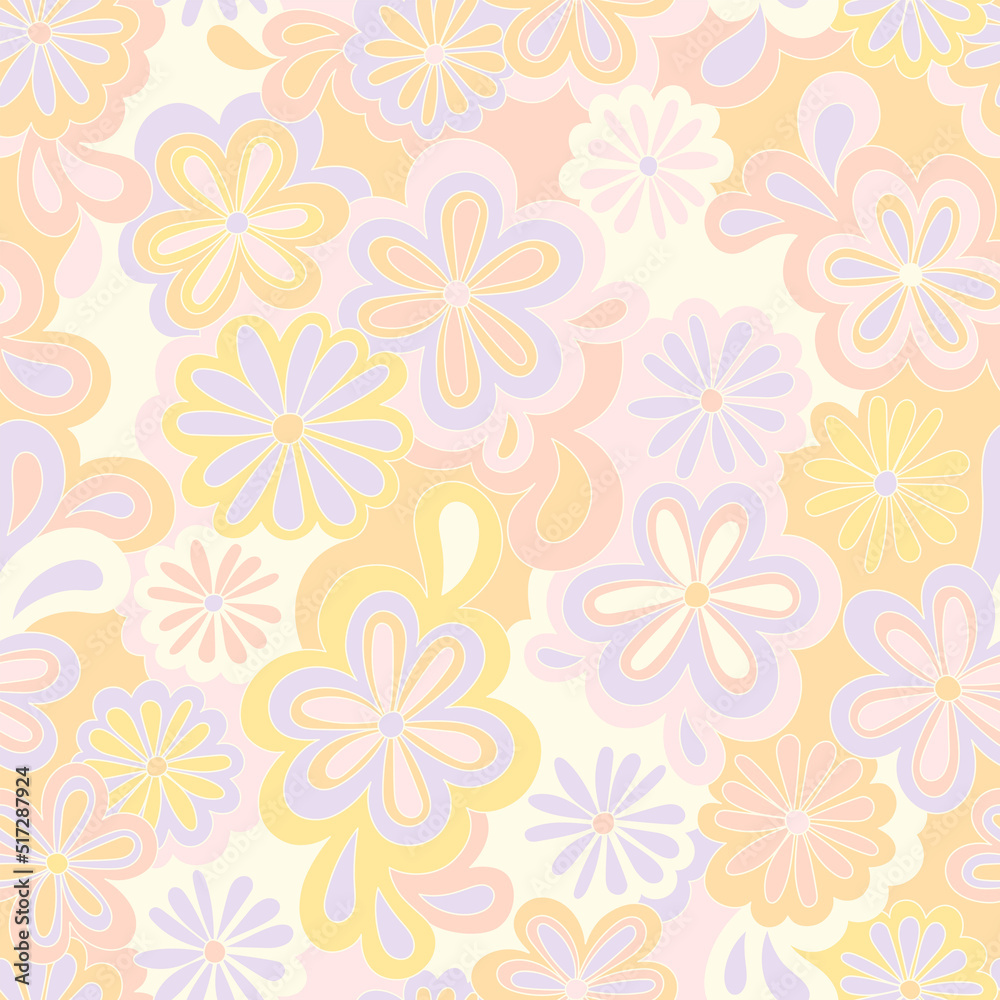 Floral psychedelic hippie seamless pattern. Vector nostalgic retro flowers, 60s groovy print. Vintage 70s background. Textile and surface design with old fashioned hand drawn abstract floralel ements Floral psychedelic hippie seamless pattern. Vector nostalgic retro flowers, 60s groovy print. Vintage 70s background. Textile and surface design with old fashioned hand drawn abstract floralel ements