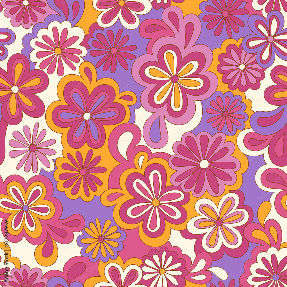 Floral psychedelic hippie seamless pattern. Vector nostalgic retro flowers, 60s groovy print. Vintage 70s background. Textile and surface design with old fashioned hand drawn abstract floralel ements Floral psychedelic hippie seamless pattern. Vector nostalgic retro flowers, 60s groovy print. Vintage 70s background. Textile and surface design with old fashioned hand drawn abstract floralel ements