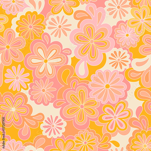 Floral psychedelic hippie seamless pattern. Vector nostalgic retro flowers, 60s groovy print. Vintage 70s background. Textile and surface design with old fashioned hand drawn abstract floralel ements