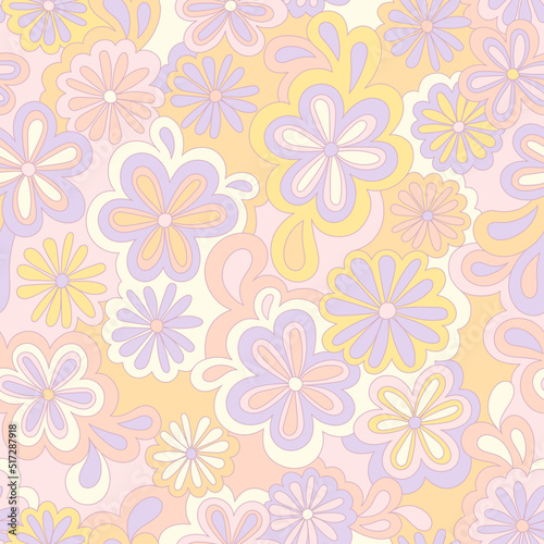 Floral psychedelic hippie seamless pattern. Vector nostalgic retro flowers  60s groovy print. Vintage 70s background. Textile and surface design with old fashioned hand drawn abstract floralel ements