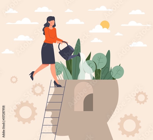 Personal growth and improvement concept. Woman stands on ladder and waters plants in head silhouette. Self development, career progress. Intellectual activity. Cartoon flat vector illustration