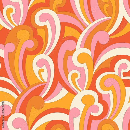 Vector nostalgic retro 60s groovy print. Vintage abstract background. Hippie psychedelic seamless pattern. Textile and surface design with old fashioned hand drawn naive geometric print
