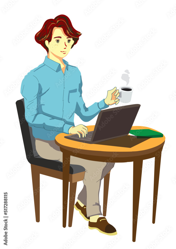 カフェでデスクワークをする若い男性会社員のイラスト カフェでデスクワークをする若い男性会社員のイラスト