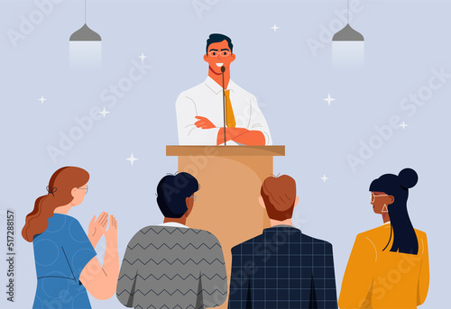 Successful public speaking concept. Young confident male speaker stands behind podium and speaks to large audience or crowd of people. Entrepreneur or politician. Cartoon flat vector illustration