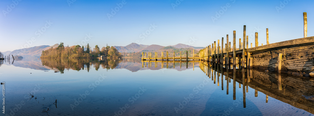 Derwentwater lake pier panorama with clear blue sky 