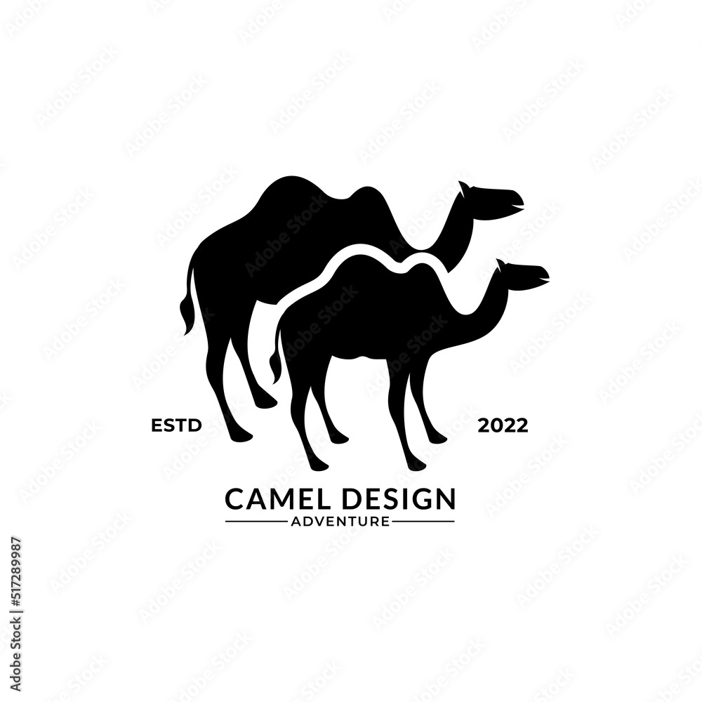 Logo caravan outline Camels in desert sand under hot sun in circle wavy