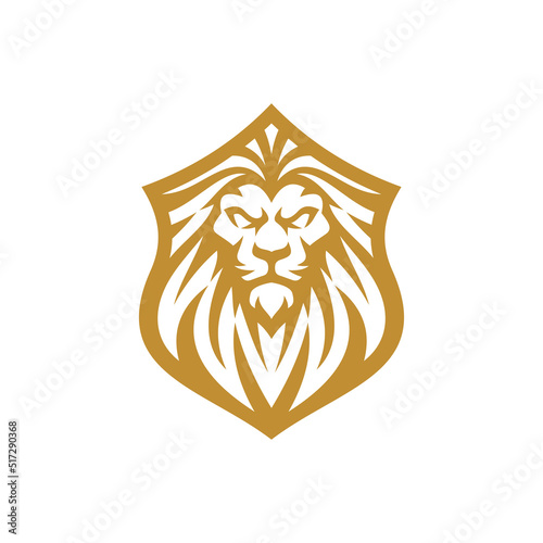 Lion head and shield emblem logo design. Lion crest vector illustration