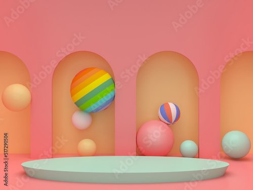 Round podium with colorful balls and yellow archs on pink background. Pedestal for kid product presentation. Geometric 3D render photo