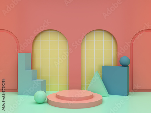 Step stage podium with geomatric shapes and archs on background. Colorful pastel color background. Pedestal for kid product presentation. Geometric 3D render photo