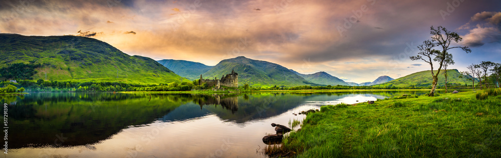 The ruins of Kilchurn castle at sunset on Loch Awe, the longest fresh water loch in Scotland