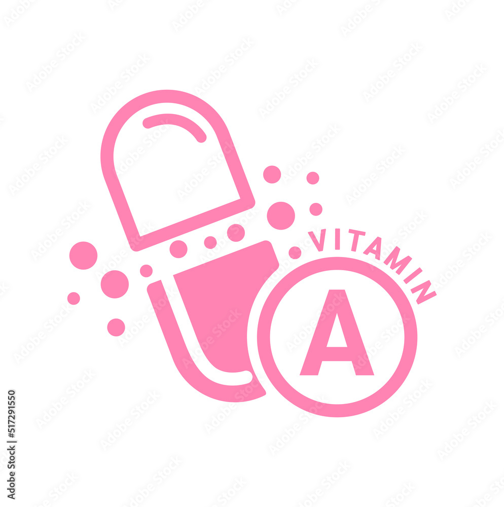 Fototapeta premium Vitamin A icon pink in capsule form simple line. Isolated on a white background. Medical symbol concept. Design for use on web app mobile and print media. Vector EPS10 illustration.
