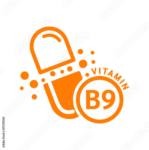 Vitamin B9 icon orange in capsule form simple line. Isolated on a white background. Medical symbol concept. Design for use on web app mobile and print media. Vector EPS10 illustration.