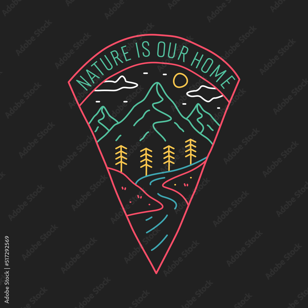 Nature is our home and mountain river in mono line for badge patch emblem graphic vector art t-shirt design