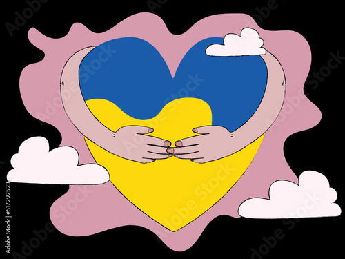 Hand drawn human hands embracing Ukraine heart-shape flag. Pray for peace in Ukraine. Stop war in Ukraine. Flat vector illustration background.