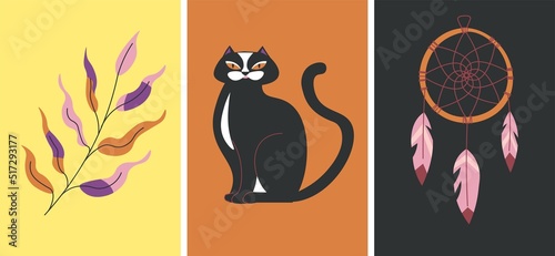 Magic cards, black cat and dreamcatcher, leaves