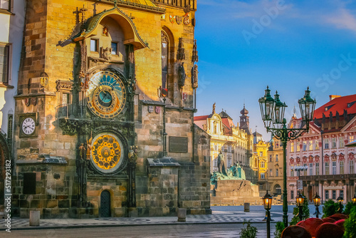 Astronomical clock at sunrise in old town square, Prague, Czechia photo